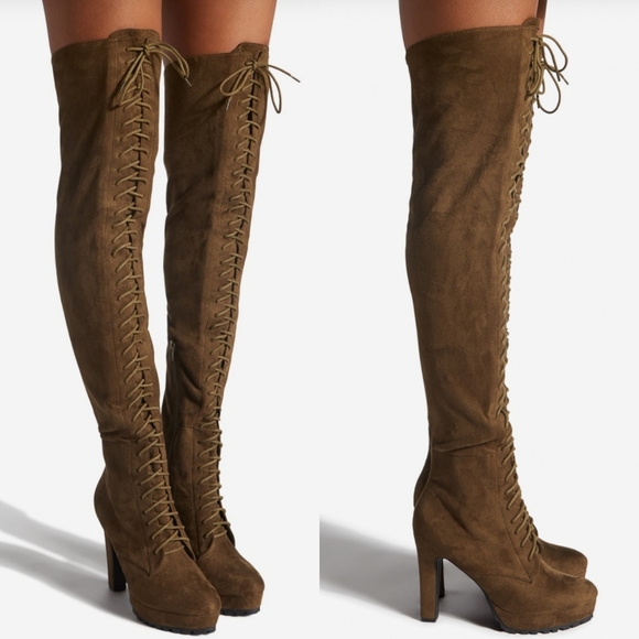 ☆Shoedazzle Remi Dark Olive Green Over The Knee Lace Up Heeled